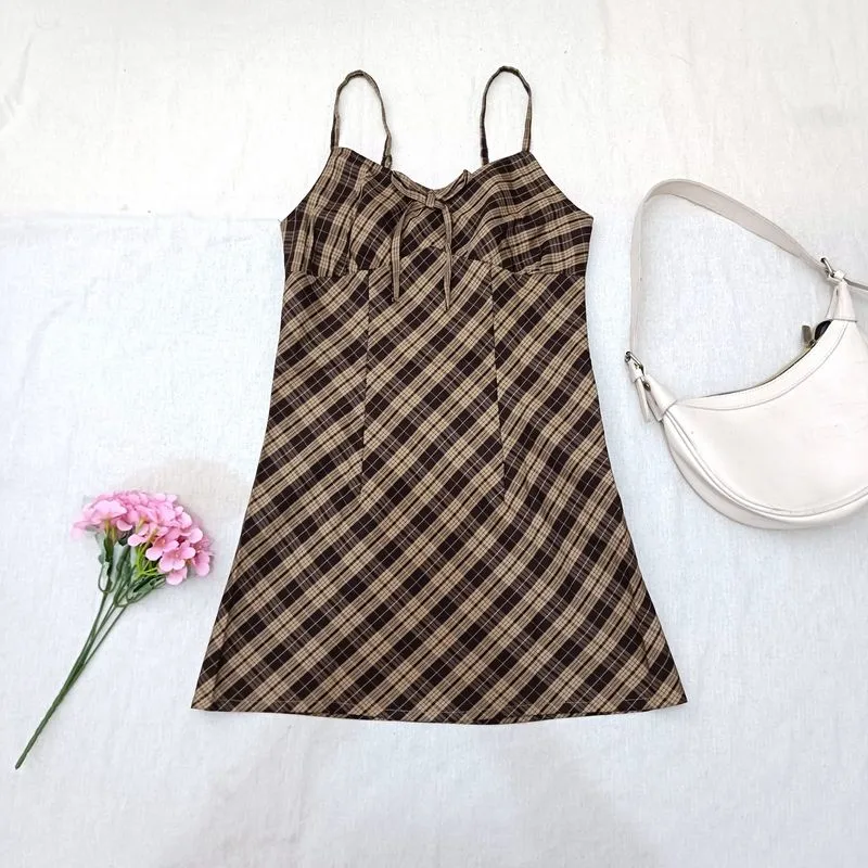 GRL Japan Brown Beige Plaid Camisole Dress Adjustable Strap photo 1