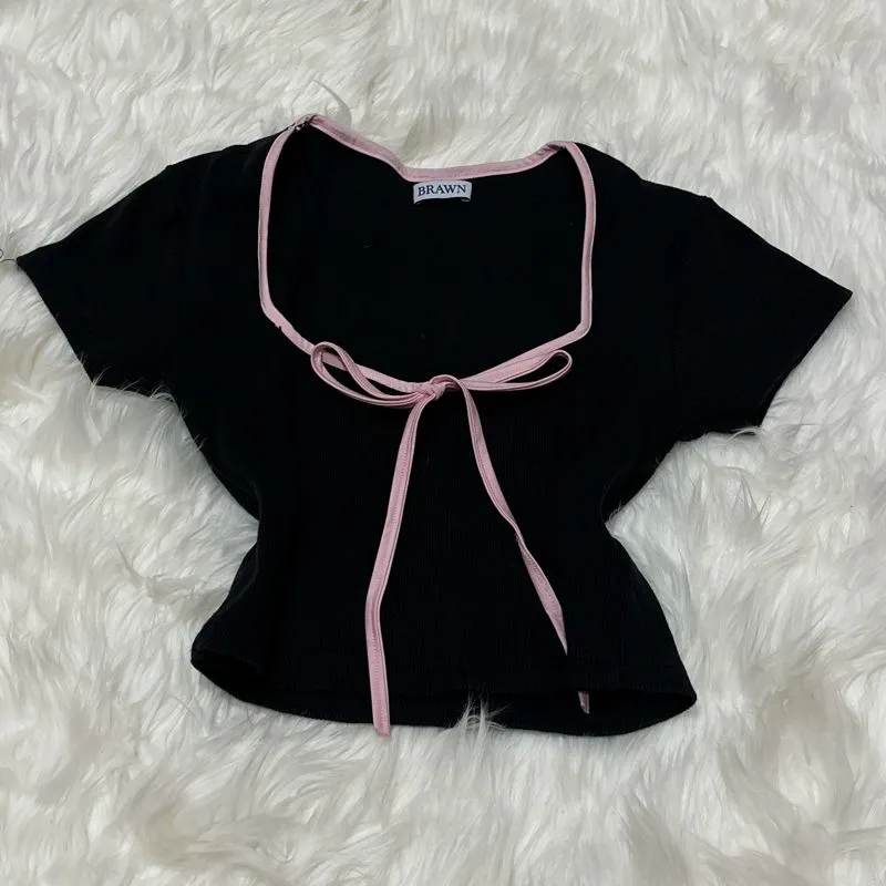 Y2K Coquette Crop top Wanita pink black photo 1
