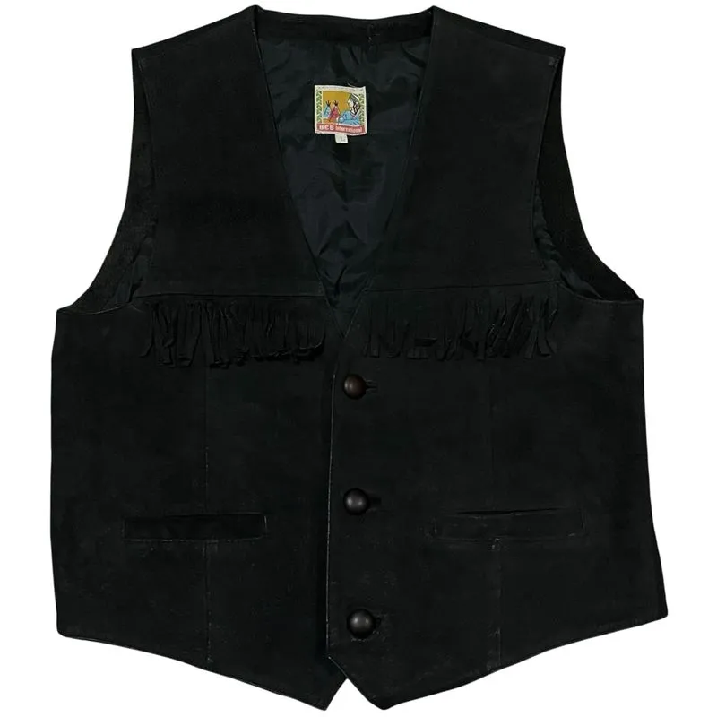 Vest vintage 80s Western Cowboy Fringe Black Leather suede  photo 1