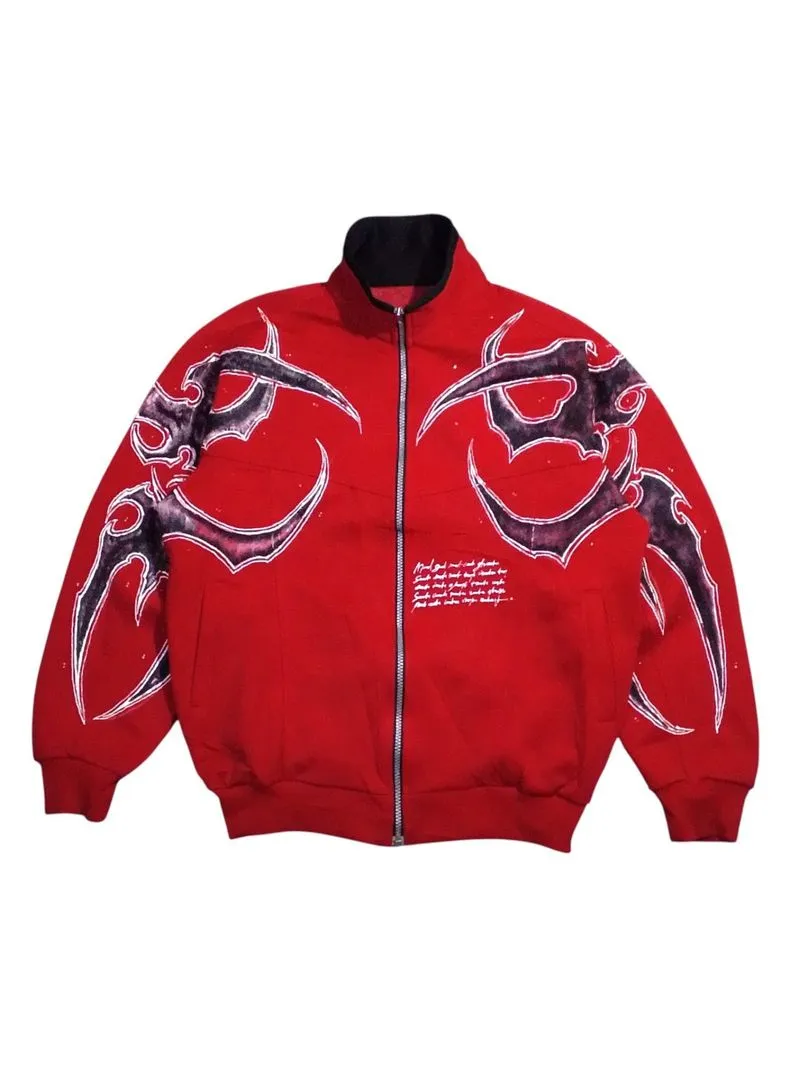 BOXY HALFZIP JACKET RED HANDMADE PAINTED TRIBAL SIGILISM photo 1
