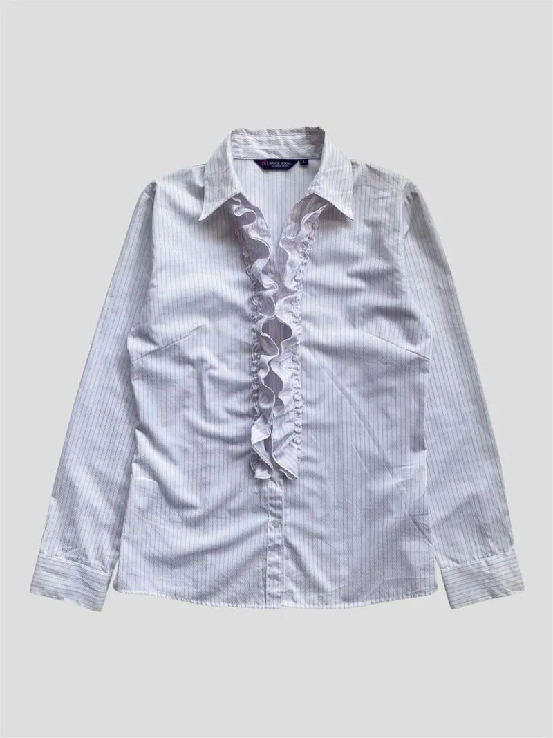 Brick House Japan Striped Ruffle Front Button Up Shirts Whit photo 1