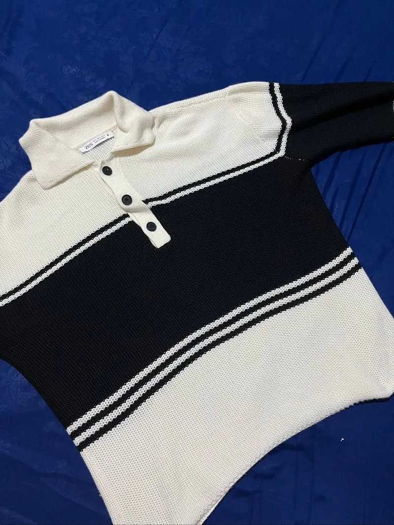 ZES cream and black colorblock knit polo sweater  photo 1