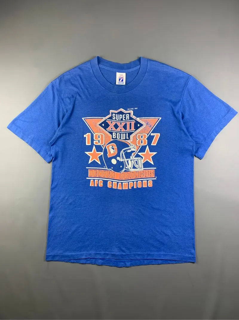1987 Superbowl Blue Denver Broncos NFL 50/50 Tee (L Fitted) photo 1