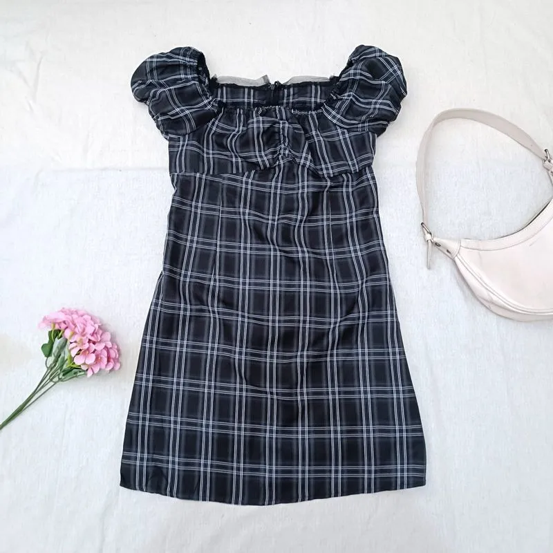 GRL Black Plaid Puff Sleeve Dress Japanese Girly Y2K Cute photo 1