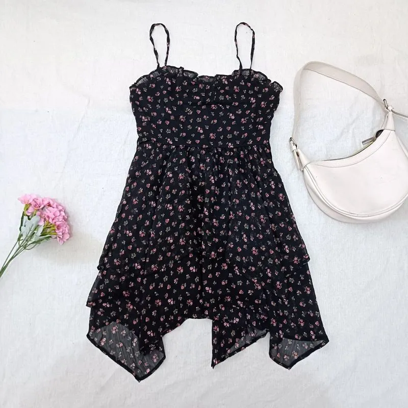 GRL Dress Floral Hitam Motif Bunga Mini Asimetris Sifon Size photo 1