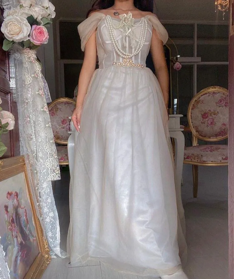 Vintage Casual Evening dress Wanita cream blue photo 1