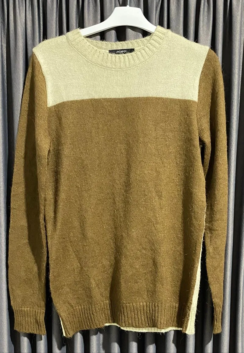 Color Block Knit Sweater Coklat Cream Crewneck Pullover photo 1