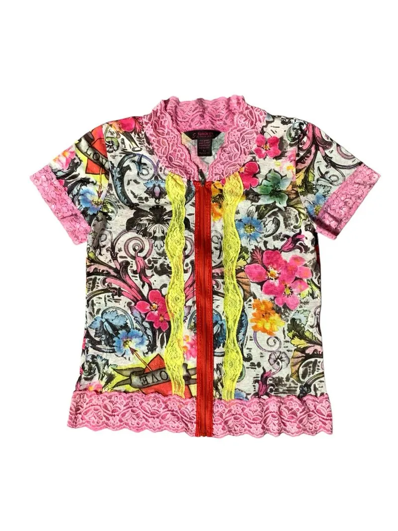 Sylvia oh by monte millano floral pink lace up zip up top photo 1
