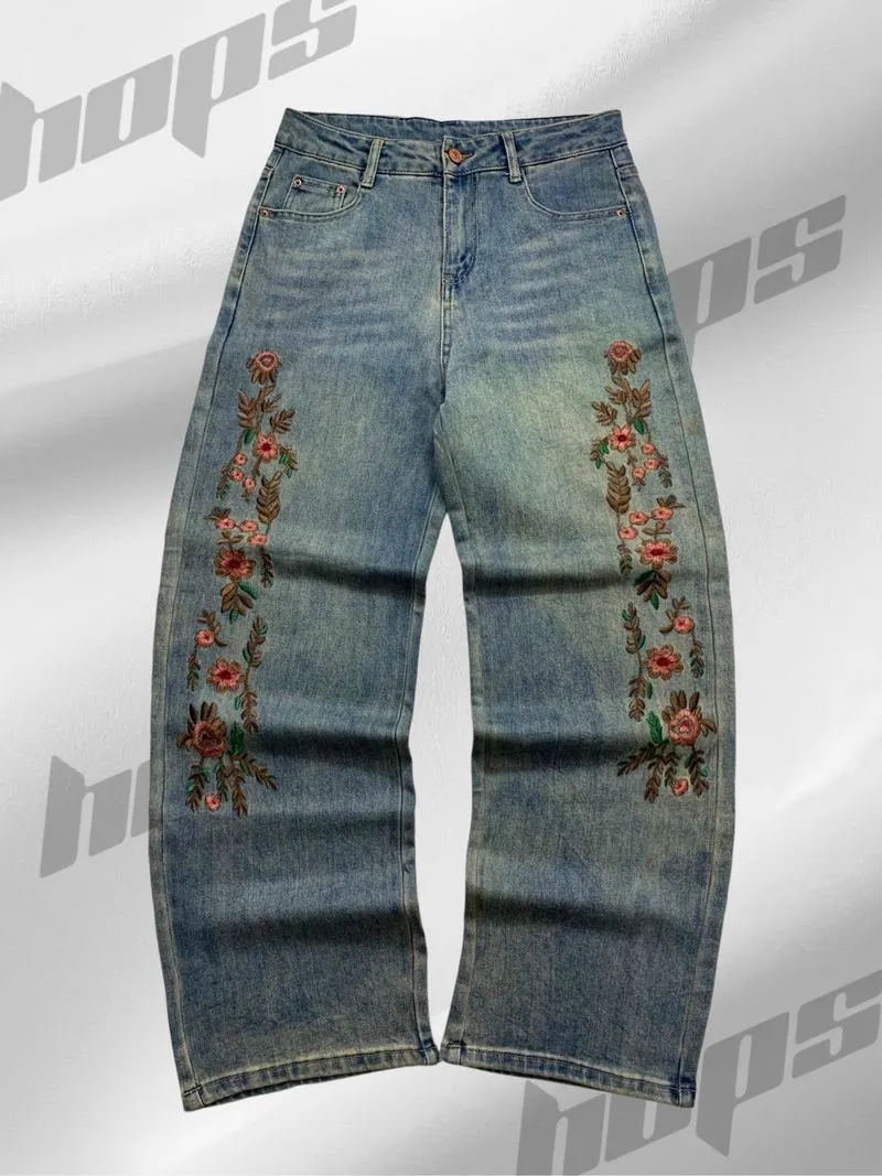 Uknown Blue Wash Flower Embordir Baggy Pants  photo 1