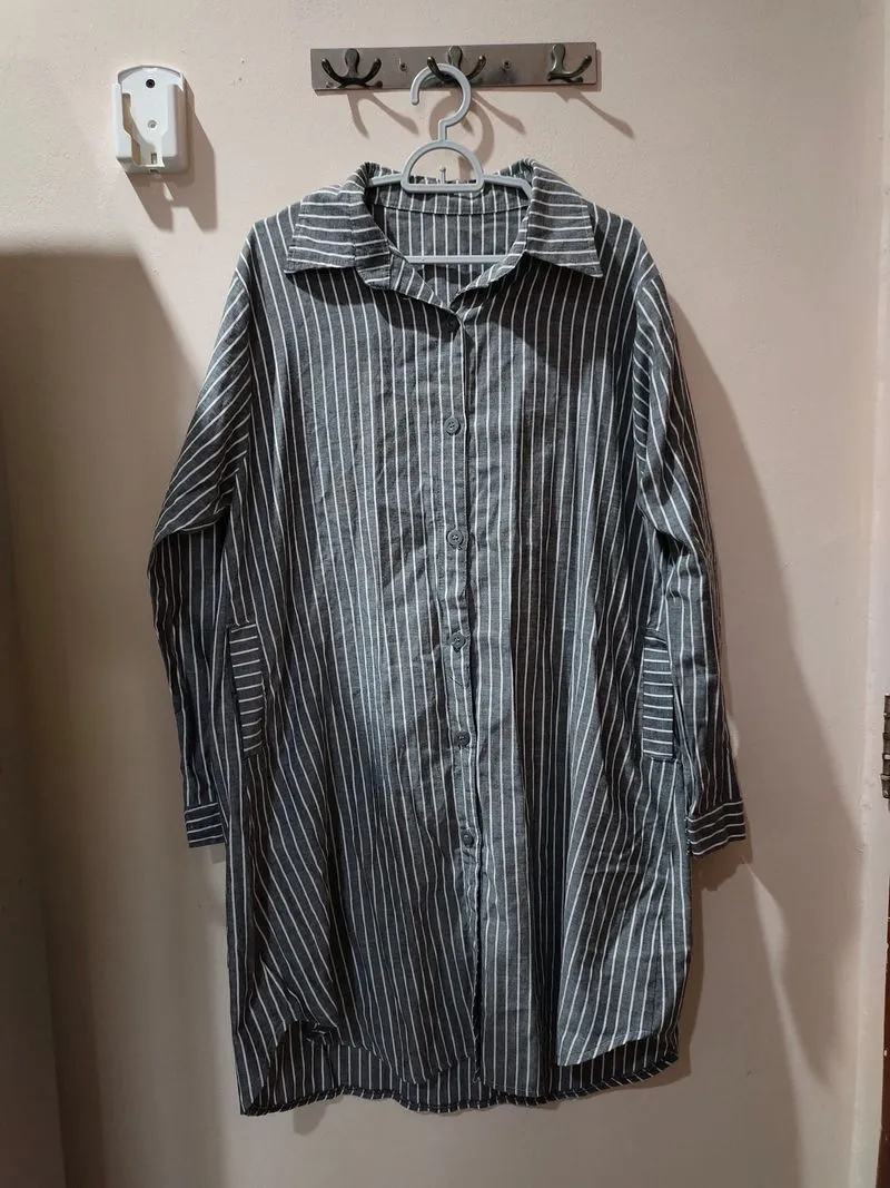 Dress kemeja knee length abu garis putih photo 1