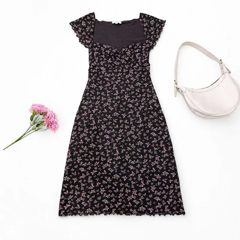 KOOKAI Floral Dress Brown Pink Lavender Tile Midi Feminine photo 1