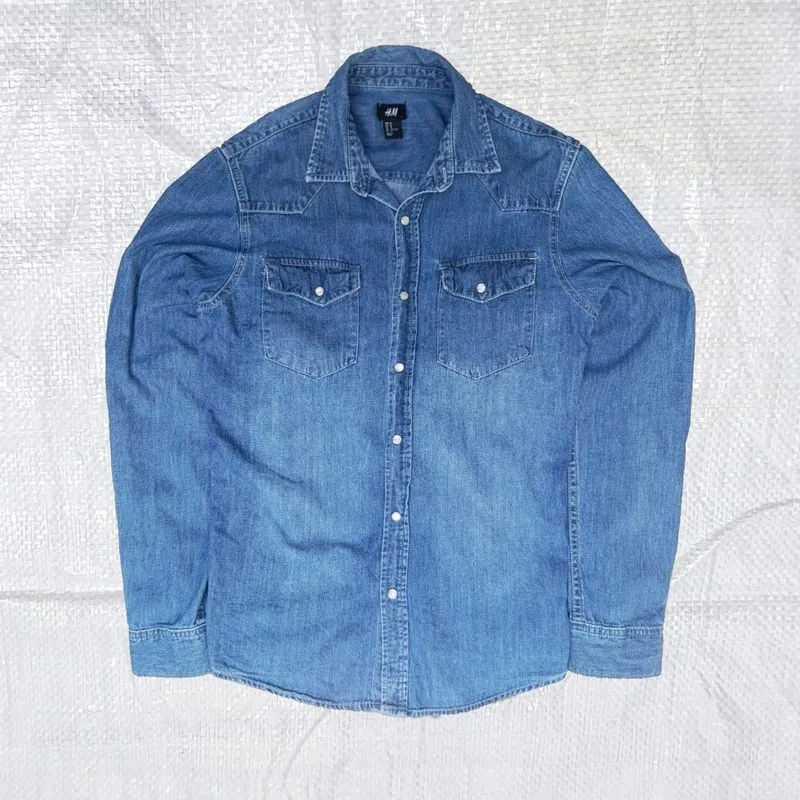 H&M Western Pearl Button Denim Shirt Grunge Man L Size photo 1