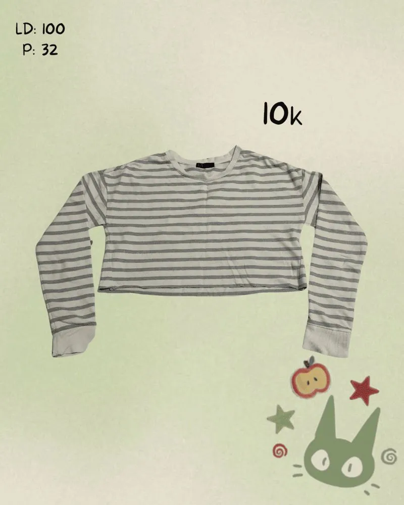Sweater crewneck atasan wanita crop stripe white photo 1