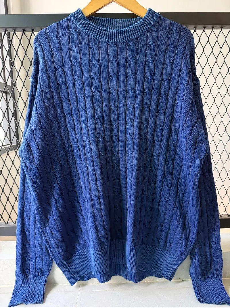 Navy Washed Effect Cable Knit Jumper Oversize photo 1