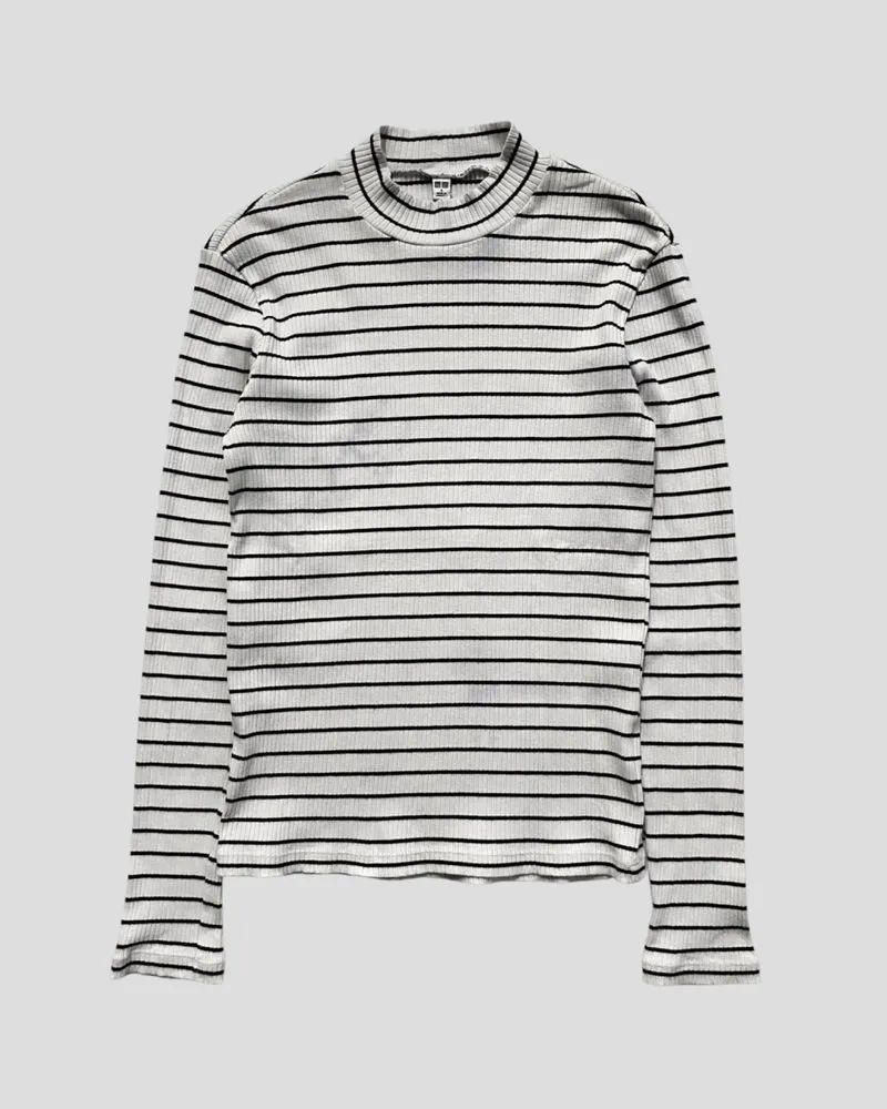 Uniqlo Womens Ribbed Striped High Neck Long Sleeve Black Whi photo 1