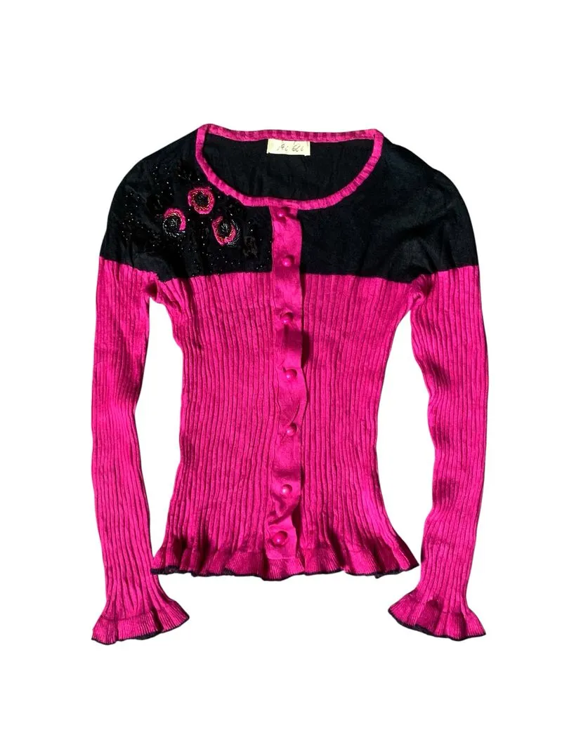 Y2k coquette style embroidery floral button & beads sweater photo 1