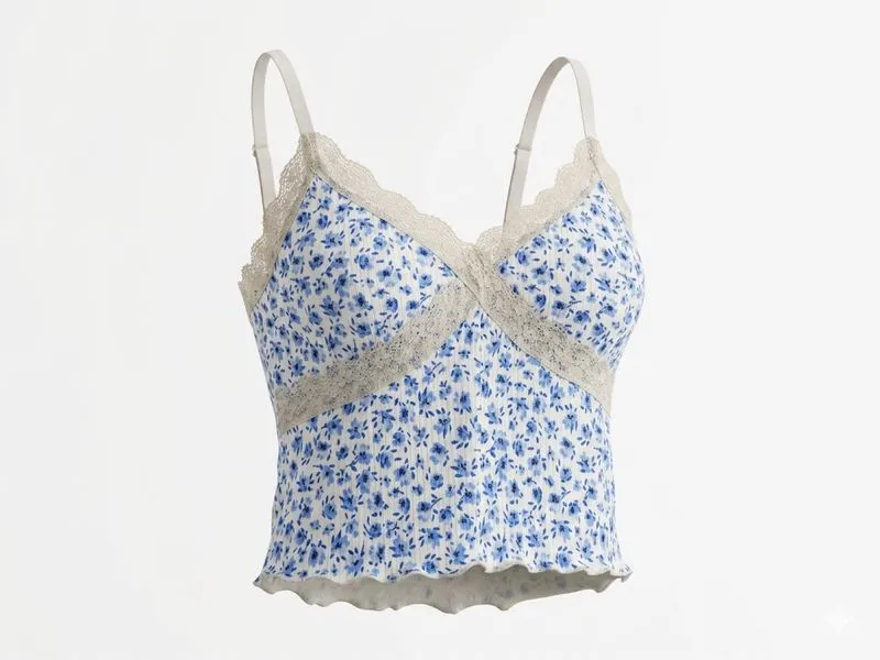 H&M Women Blue & White Printed Ribbed top  photo 1