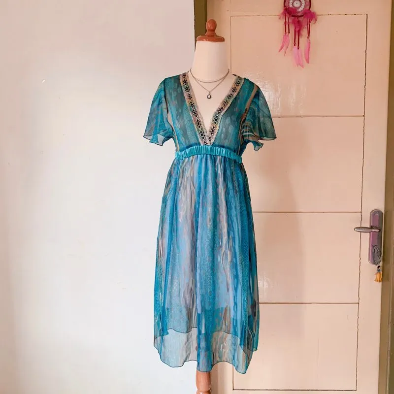 Casual Babydoll dress Wanita green blue photo 1