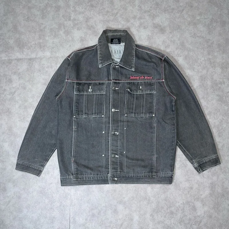Johnny Blaze Vintage Biker Denim jacket Pria red gray photo 1