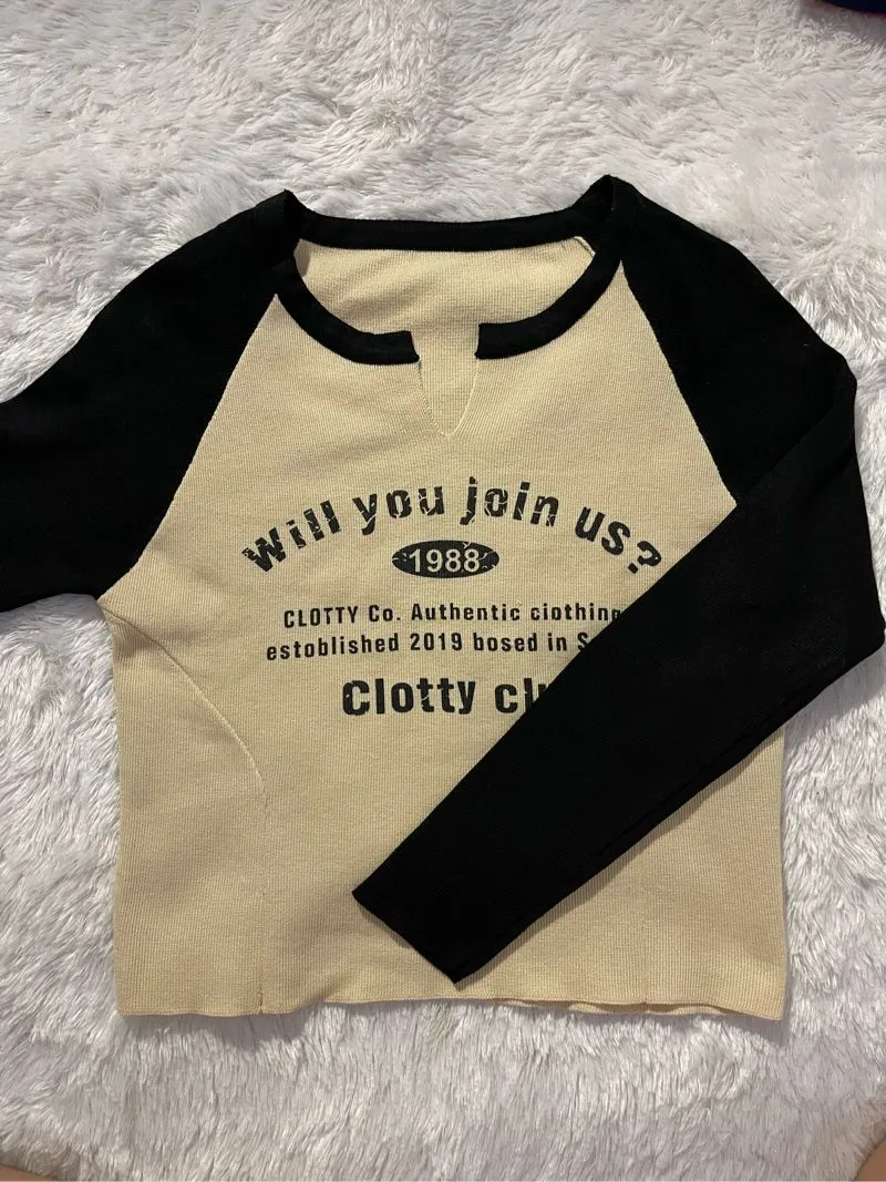 Y2K Grunge Crop top Wanita black cream photo 1