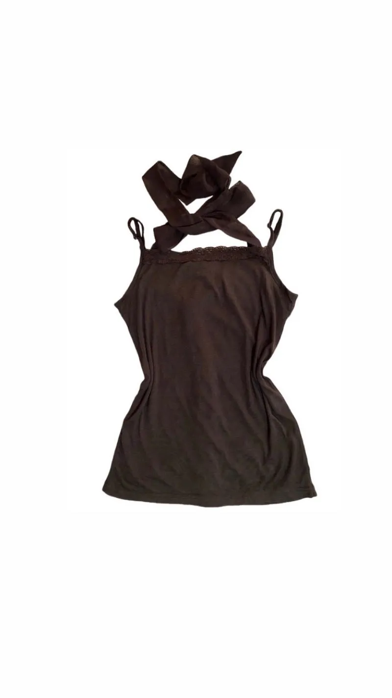 Y2K Coquette Cami top Wanita brown photo 1