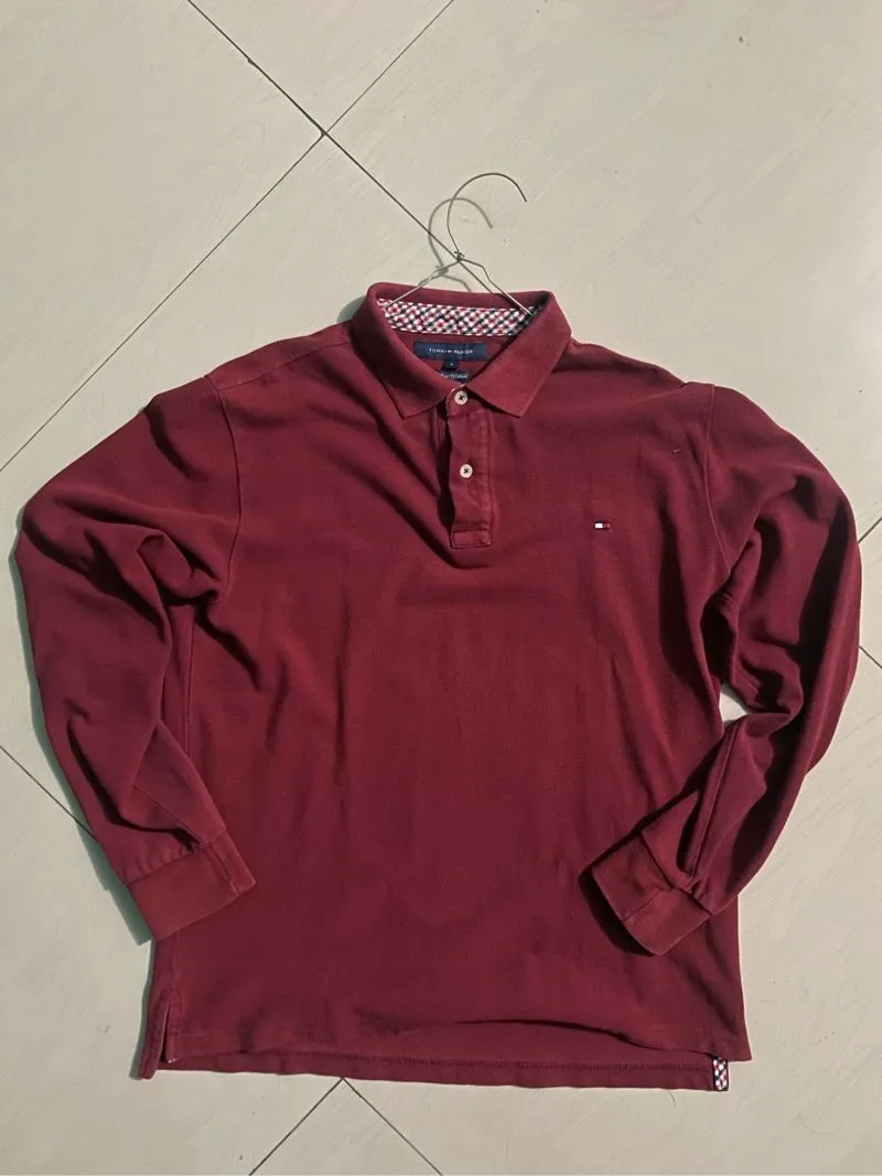 Tommy Hilfiger Luxury Casual Polo shirt Pria burgundy red photo 1