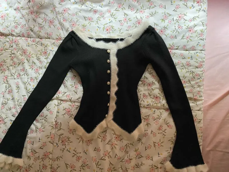 Vintage Casual Cardigan Wanita white black photo 1