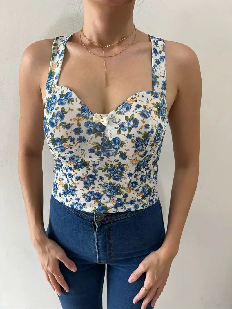 Casual Crop top Wanita white blue photo 1