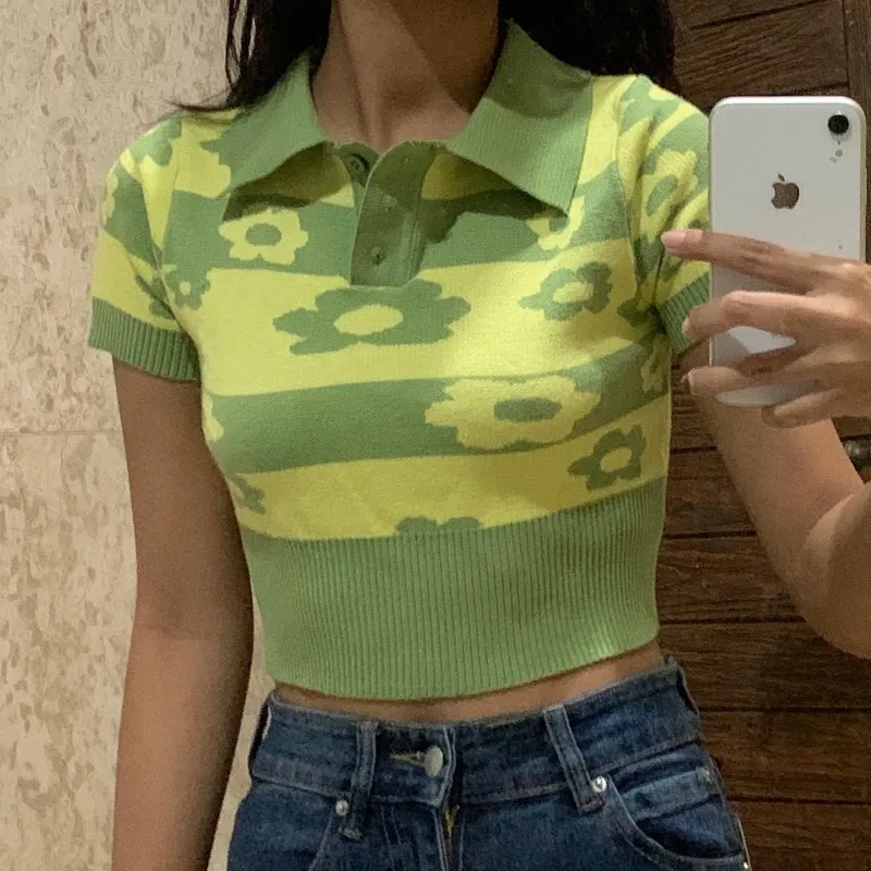 knitted floral crop polo top new photo 1