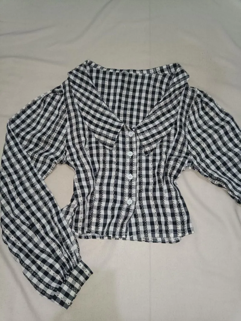 Vintage Casual Blouse Wanita white black photo 1