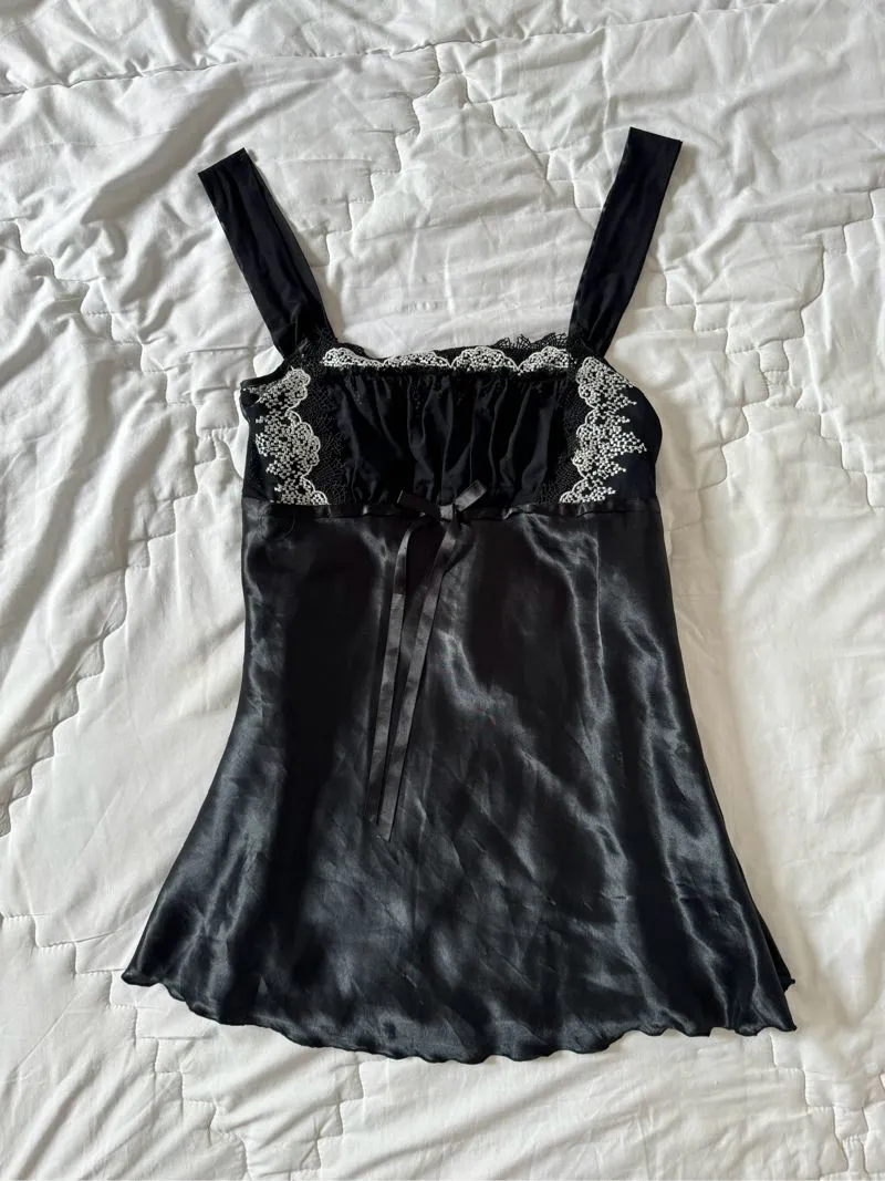 Y2K Lolita Cami top Wanita white black photo 1