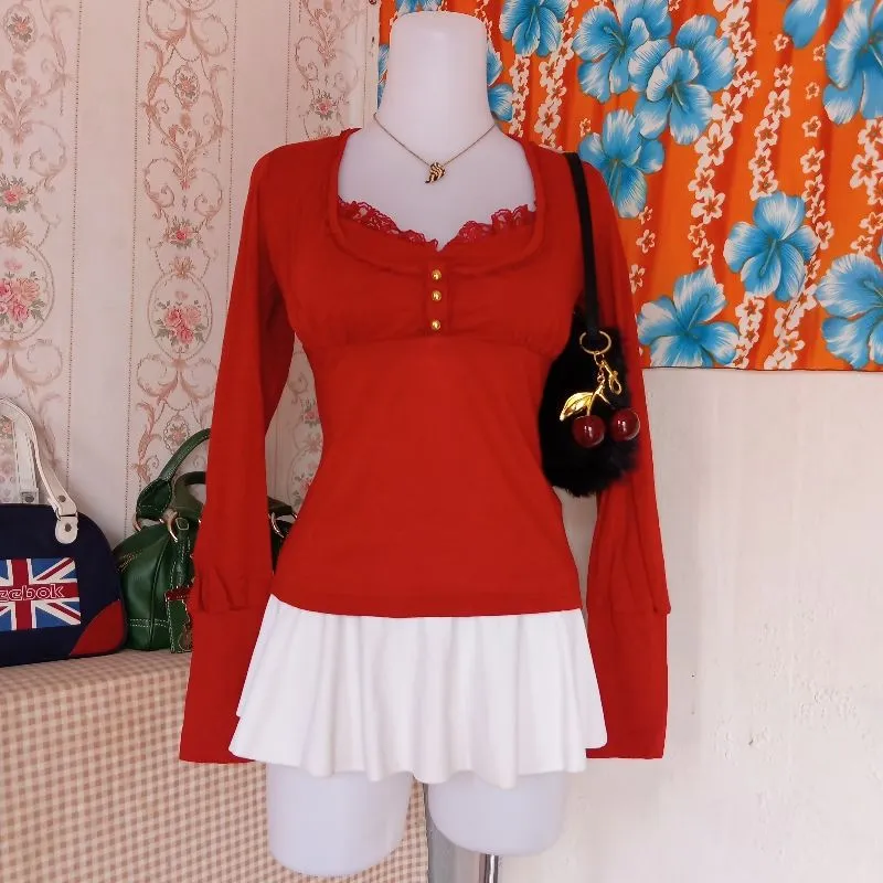 Lolita Coquette Blouse Wanita gold burgundy photo 1
