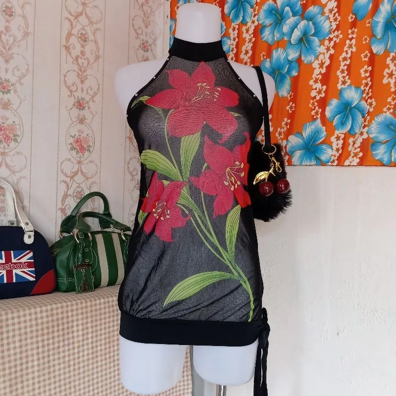 Vintage Y2K Cami top Wanita burgundy black photo 1