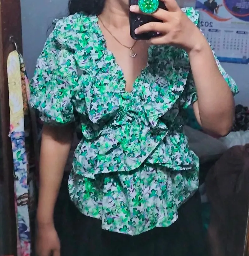 Vintage Casual Blouse Wanita white green photo 1