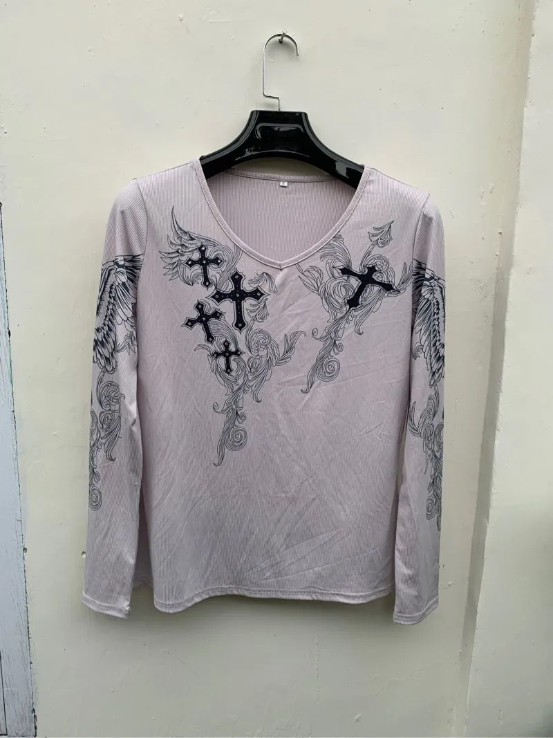 Y2K Grunge T-shirt Wanita white gray photo 1