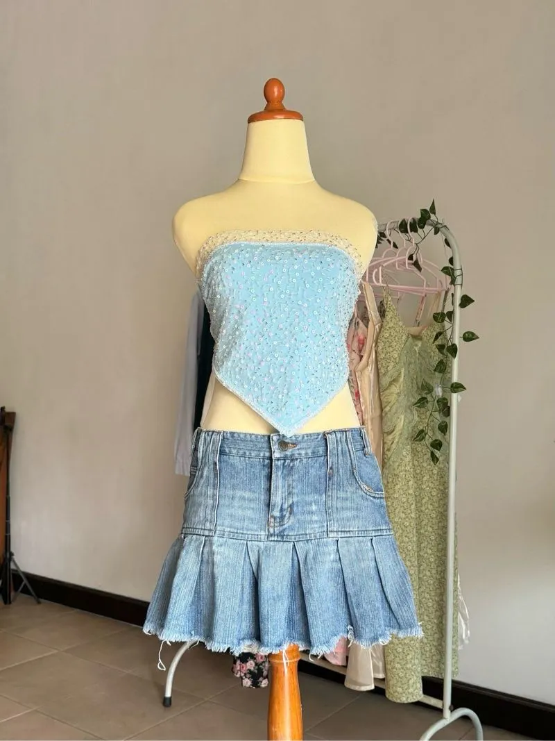 Y2K Pleated skirt Wanita blue photo 1