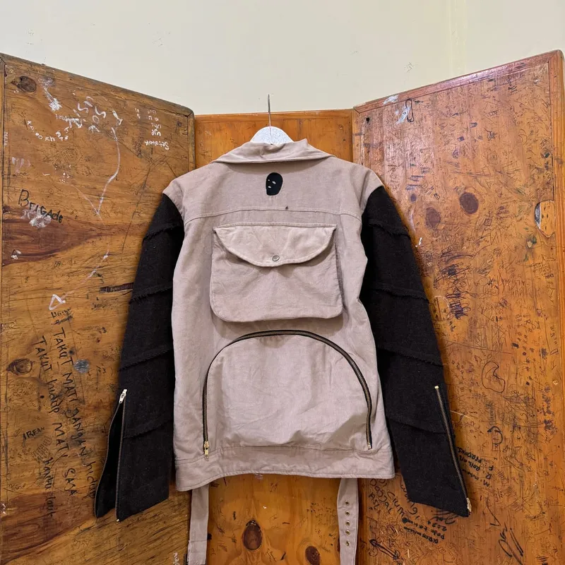 Youths In Balaclava Luxury Biker Denim jacket Pria tan photo 1
