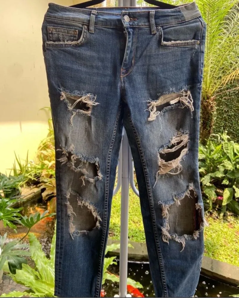 ZARA Streetwear Casual Ripped jeans Wanita blue photo 1