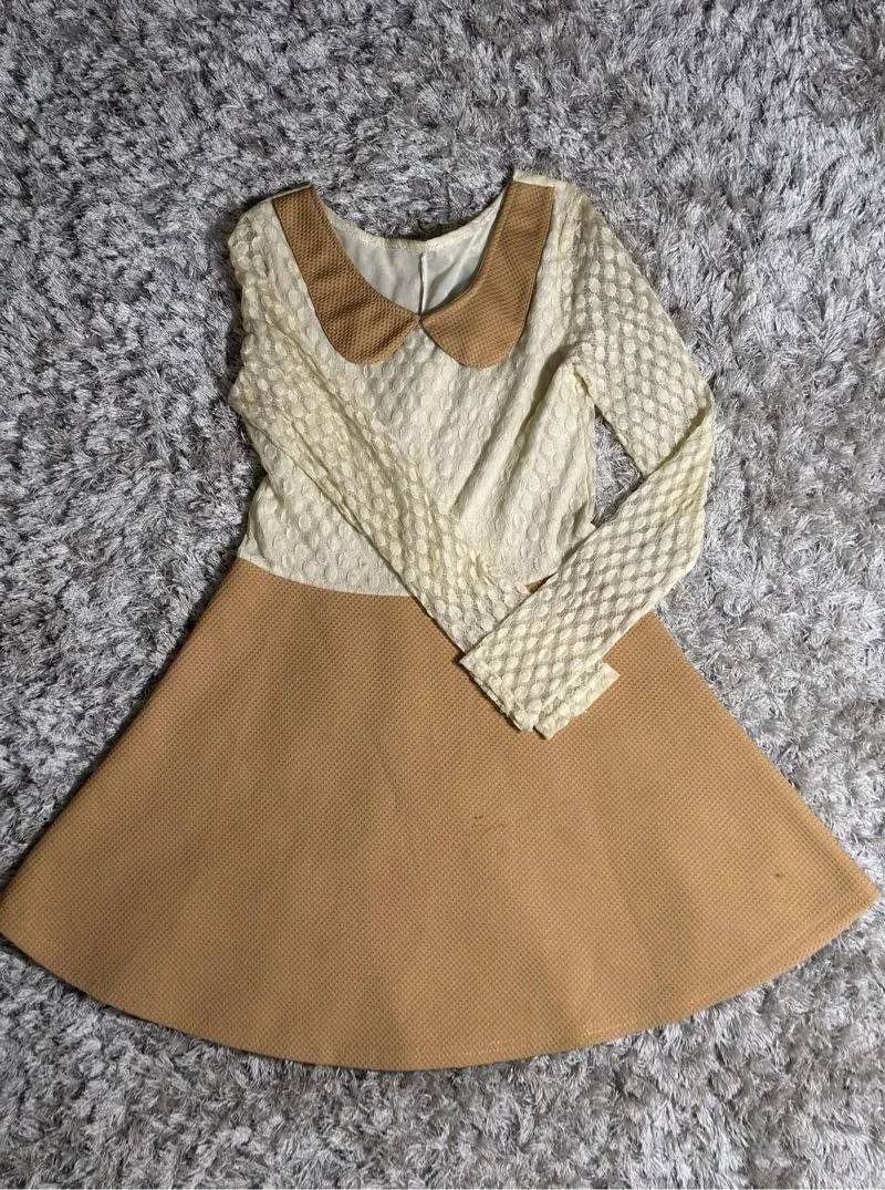 Vintage Babydoll dress Wanita white tan photo 1