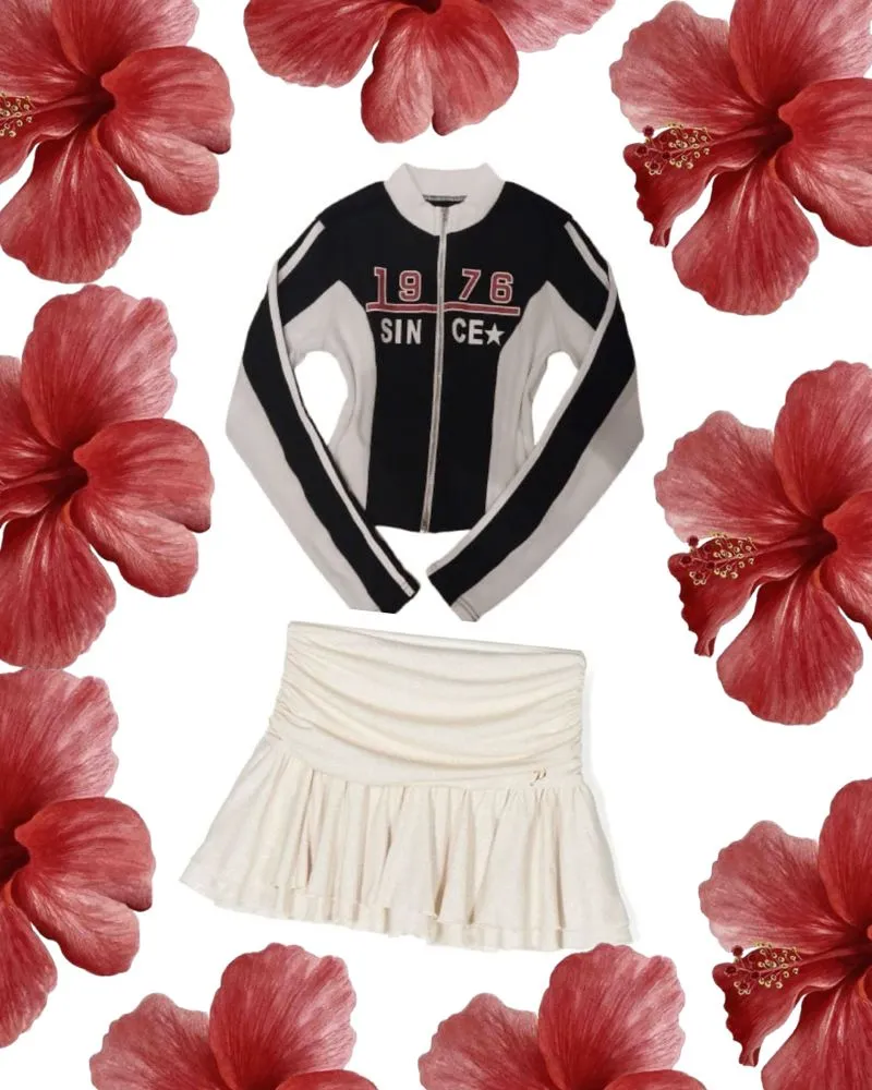 Y2K Varsity jacket Wanita white black photo 1