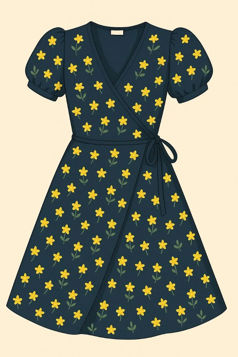 Fairy Coquette Wrap dress Wanita yellow navy photo 1