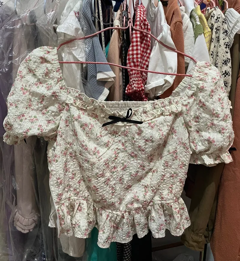 Vintage Coquette Crop top Wanita white pink photo 1