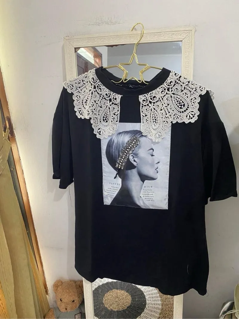 Casual T-shirt Wanita white black photo 1
