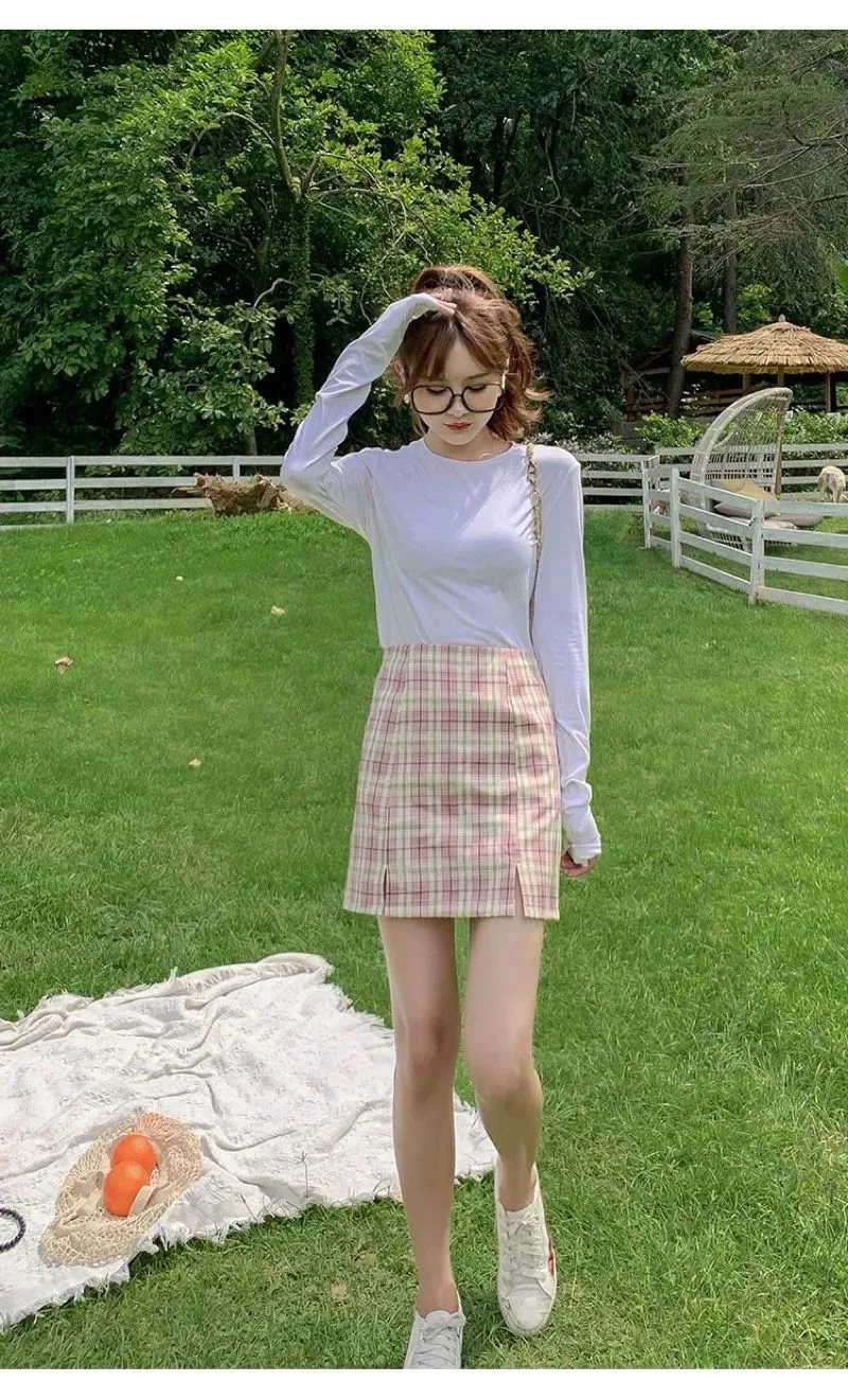 Plaid Mini Skirt Pink Cream Tartan Import China Preppy Y2K photo 1