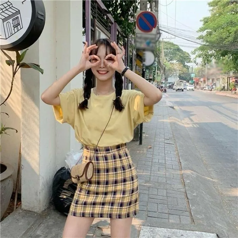 Plaid Skirt Yellow Mini Tartan Skirt Import Y2K photo 1