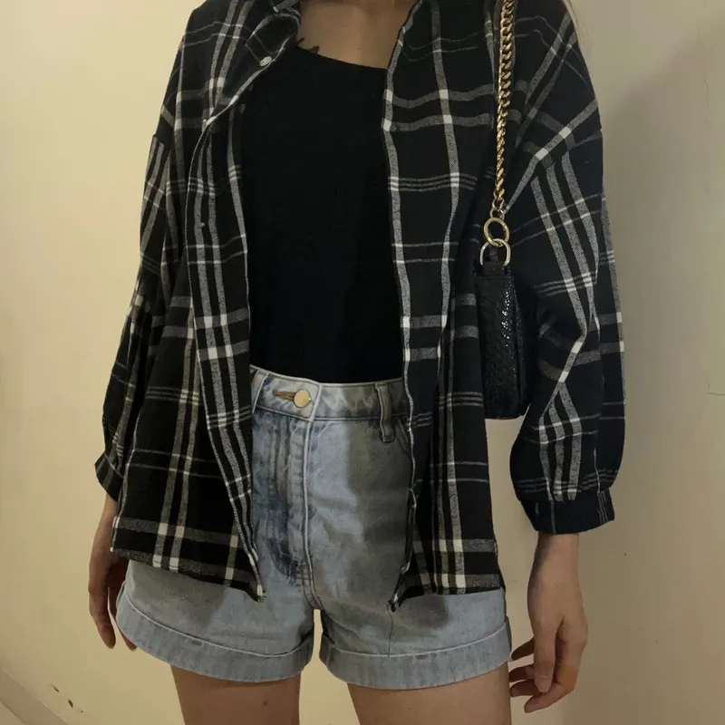 Vintage Casual Blouse Wanita white black photo 1