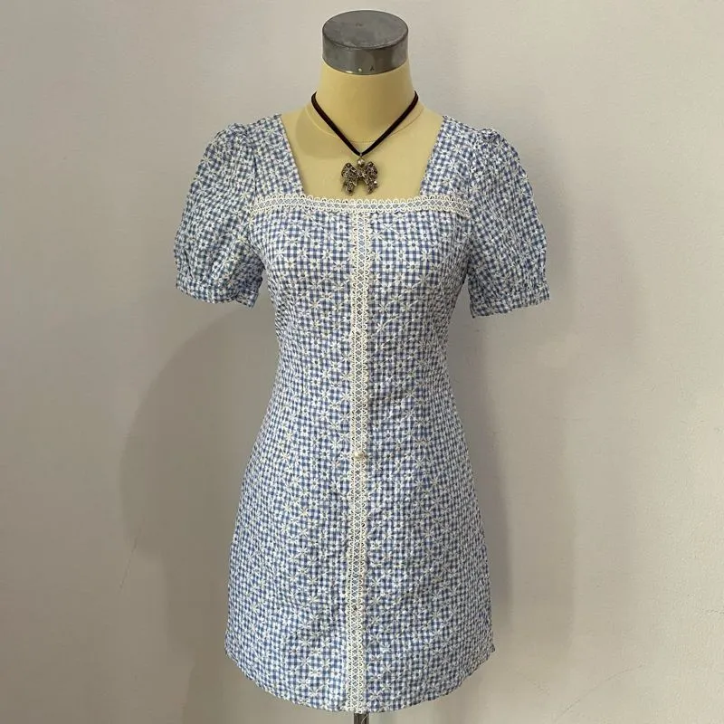 Square Neck Lace Korea Mini Dress Vintage BodyconLeherPetak  photo 1