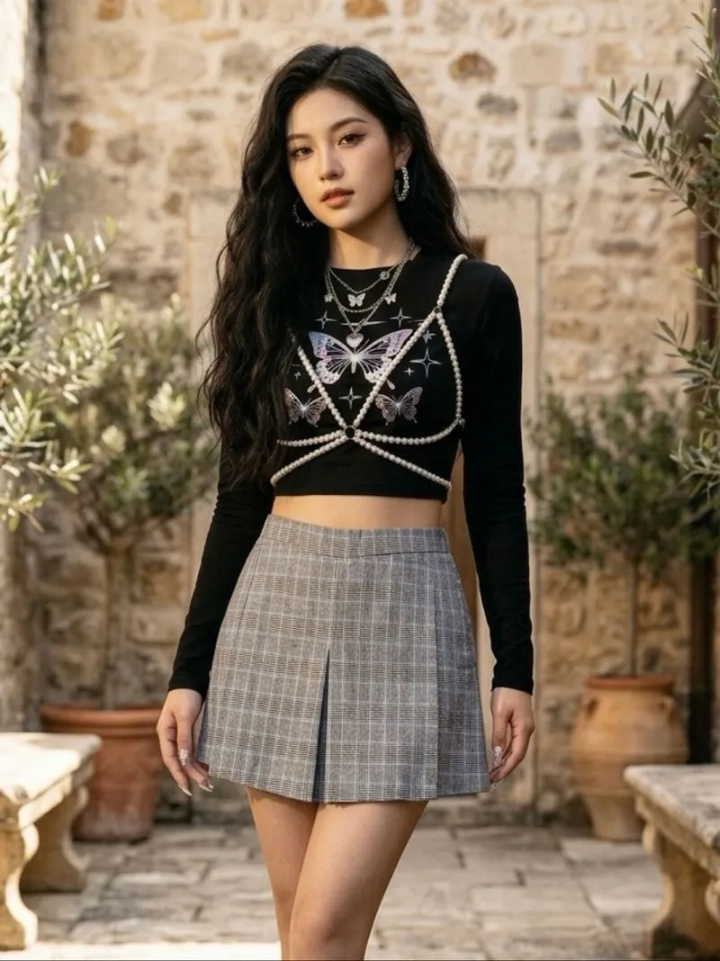Mini Skort Houndstooth plaid gray import photo 1