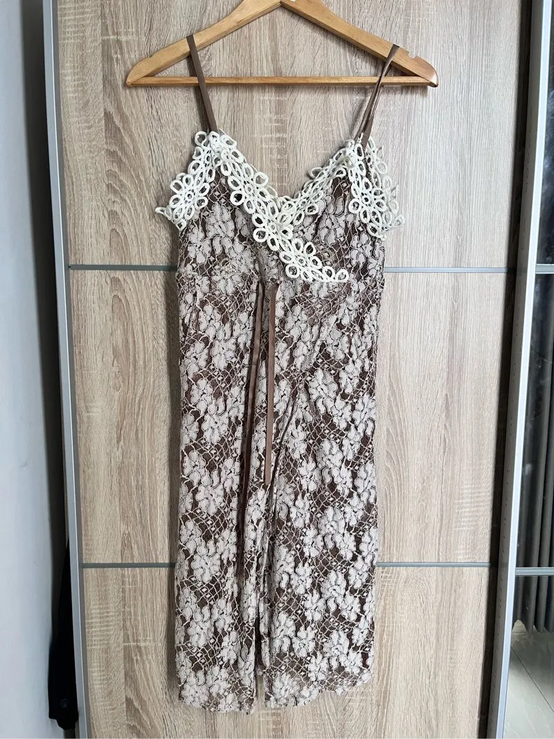 Vintage 90s y2k Outer sheer lace intimate dress brown slit f photo 1