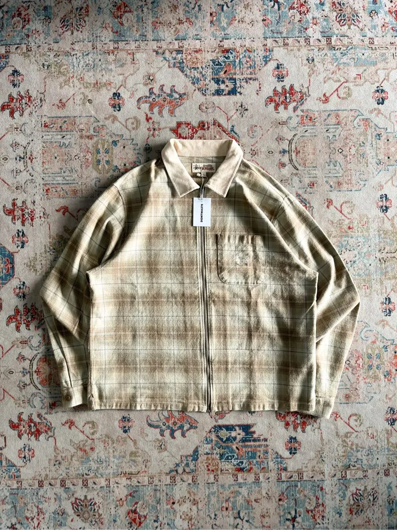 STUSSY FRANK PLAID ZIP UP SHIRT JACKET TAN  photo 1